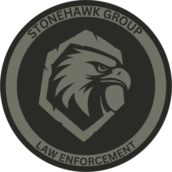 Stonehawk Logo mit stilisiertem Adlerkopf, Kreisform, Schriftzug Law Enforcement