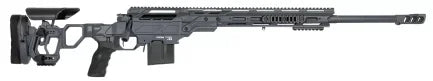 Modernes, graues Präzisionsgewehr mit verstellbarem Schaft, Picatinny-Schienen und Mündungsbremse
