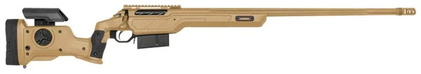 Präzisionsgewehr in Tan mit verstellbarer Schulterstütze und Magazin, seitliche Ansicht