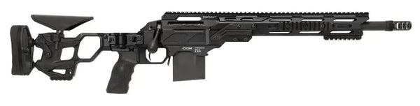 Schwarzes Präzisionsgewehr mit verstellbarem Schaft und taktischem Design, Seitenansicht