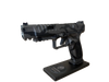 Canik SFX Rival S3 Pistole in Schwarz-Grau mit Camo-Design auf Präsentationsständer