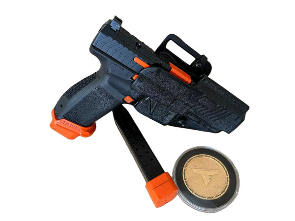 Canik TT I Custom Pistole in Schwarz-Orangem mit Magazin, Holster und Münze, Sportwaffe