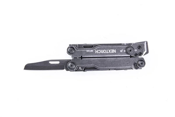 NEXTORCH MT10 Multitool in Schwarz aus Edelstahl, aufgeklappt mit sichtbarer Klinge