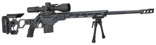Graues Präzisionsgewehr mit Zielfernrohr, verstellbarer Schulterstütze und Zweibein