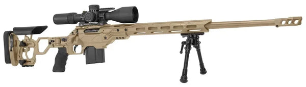 R7 Lite Comp TAN Präzisionsgewehr mit Zweibein und Zielfernrohr, seitliche Ansicht