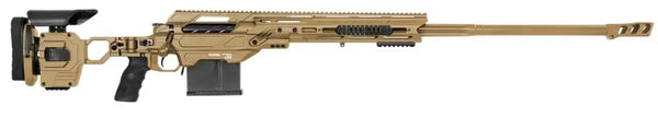 Modernes Präzisionsgewehr in Sandfarbe mit taktischem Schaft und langem Lauf, Seitenansicht