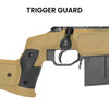 Detailansicht Abzugsbügel, Abzug und Magazin an taktischem Gewehr, sandfarbenes Chassis