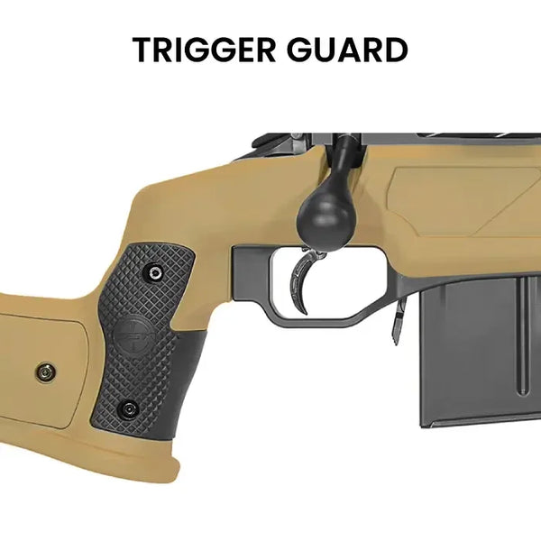 Detailansicht Abzugsbügel, Abzug und Magazin an taktischem Gewehr, sandfarbenes Chassis