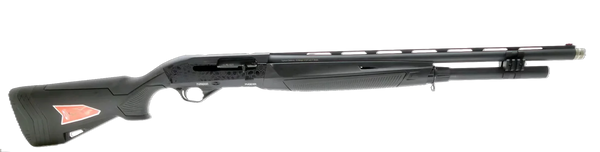Schwarze Selbstladeflinte mit modernem Schaftdesign, ideal für Sportschützen und Jagd.
