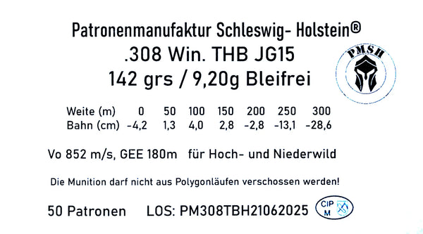 Etikett für .308 Win. bleifreie Jagdmunition 9,20g, Daten zu Geschwindigkeit und Flugbahn, 50 Patronen