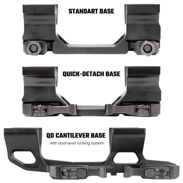 Drei Montagen für Zielfernrohre: Standard Base, Quick-Detach Base und QD Cantilever Base, schwarz, robust.