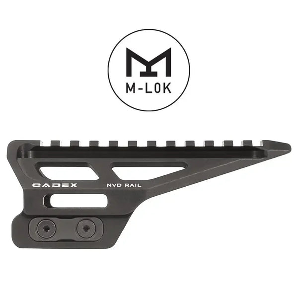 Cadex NVD Rail M-LOK Montageschiene aus Metall in Schwarz, Seitenansicht vor weißem Hintergrund.