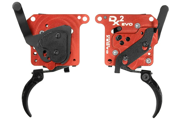 DX2 Evo Abzugssystem in Rot, seitliche Ansicht, Präzisionsteil für Sportwaffen