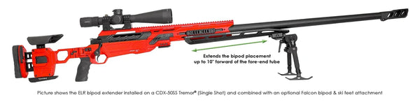Rotes Präzisionsgewehr mit Zielfernrohr und angebautem ELR Zweibein für Sportschützen