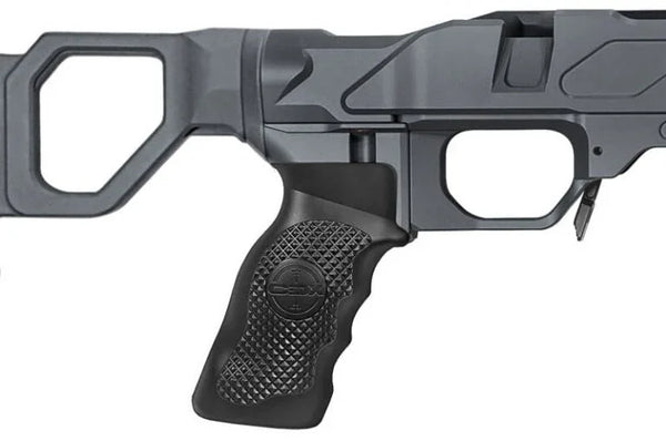 Ergonomischer Fix-Grip für Präzisionswaffen, schwarze gummierte Oberfläche, strukturierte Grifffläche.