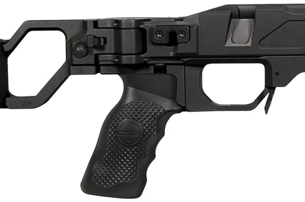 Klappbarer schwarzer Pistolengriff an einem taktischen Gewehr, strukturierte Oberfläche
