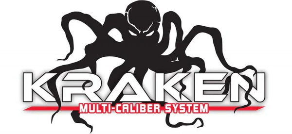 Kraken Multi-Caliber System Logo mit stilisiertem Kraken-Tier und Schriftzug