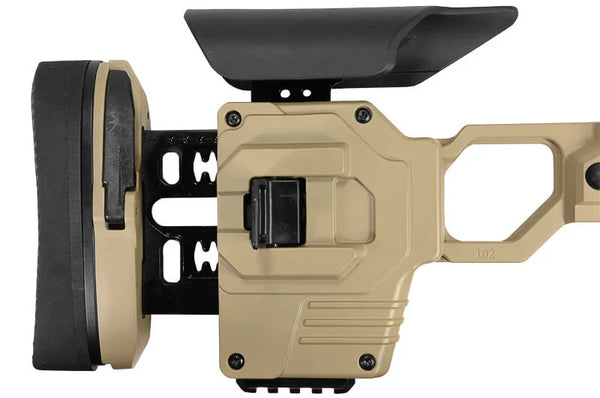 Verstellbare Schaftkappe und Wangenauflage für Präzisionsgewehr in sandfarbenem Design
