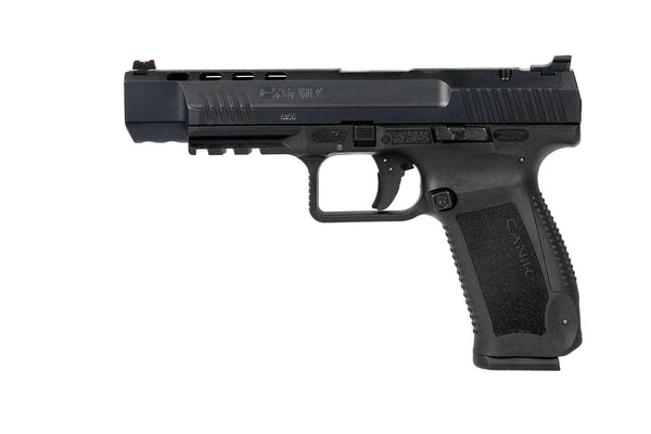 Canik TP9 SFX Pistole in Schwarz, seitliche Ansicht, strukturierter Griff und Schlitten