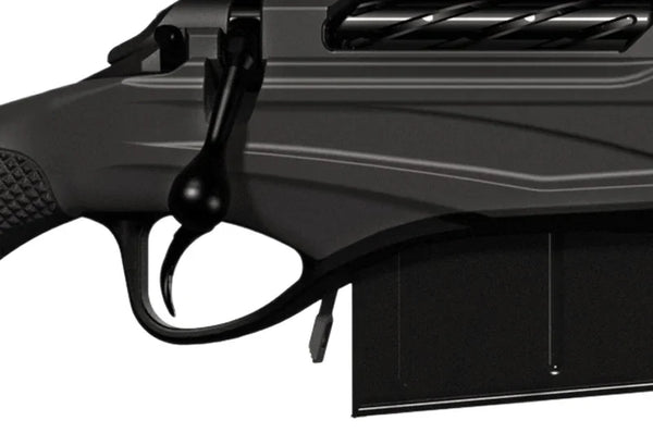 Detailansicht eines schwarzen Abzugsbügels mit Sicherung und Magazin, Premium Waffen Zubehör