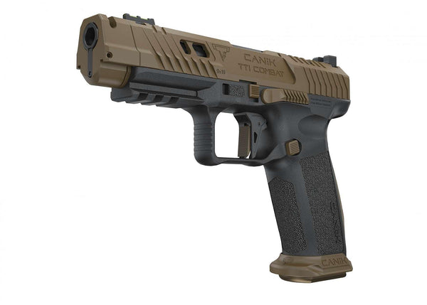 Canik TTI Combat Pistole mit zweifarbigem Design, strukturiertem Griff und montiertem Visier