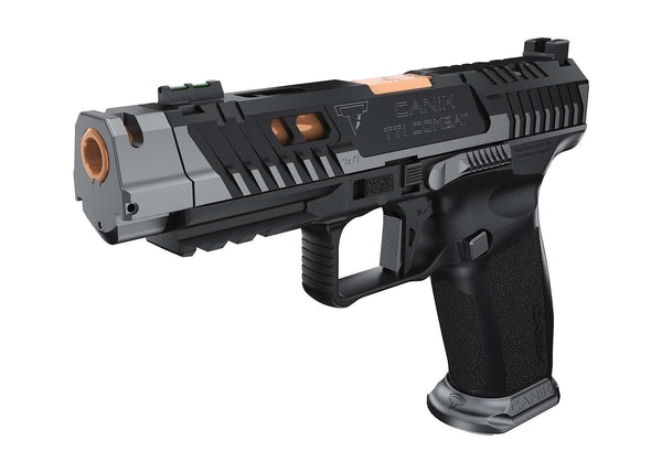 Canik TTI Combat Pistole halbautomatisch, schwarzes Design, detailreiche Textur, Sportwaffen