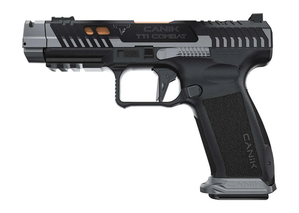 Canik TTI Combat Pistole mit ergonomischem Griff und markantem Verschluss, seitliche Ansicht