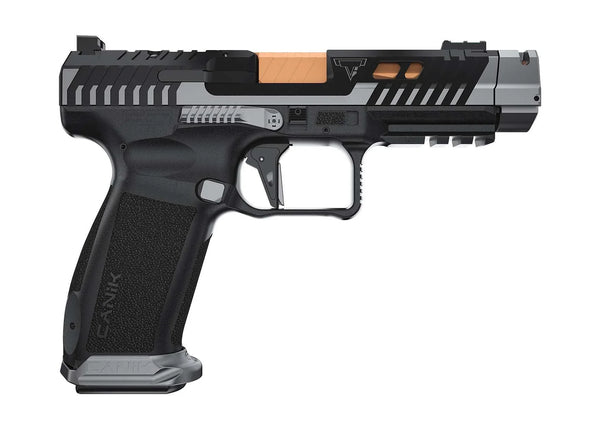 TTI Combat Smoke Pistole, moderne halbautomatische Pistole mit schwarzem Griff und zweifarbigem Verschluss, hochwertige Optik für Sportschützen