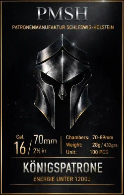 Schwarzes Etikett mit Ritterhelm, Text zu Kaliber 16/70mm, Königs Patrone, Energie unter 1200J.