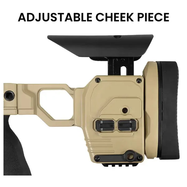 Einstellbare Schaftbacke für Präzisionsgewehr in Beige, seitliche Ansicht, robustes Design