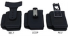 Drei schwarze Holster-Modelle mit Gürtel-, Loop- und Alu-Befestigung, auf weißem Hintergrund.