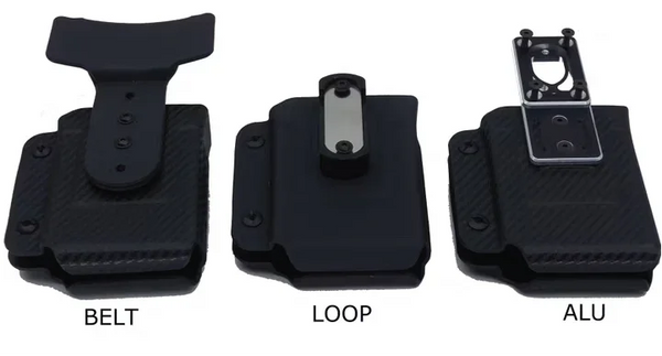 Drei schwarze Holster-Modelle mit Gürtel-, Loop- und Alu-Befestigung, auf weißem Hintergrund.