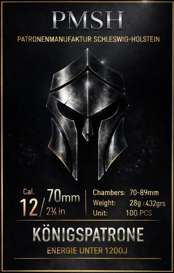 Produktbild Königs Patrone Kaliber 12/70mm, schwarze Metallhelm-Grafik, technische Daten