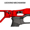Detailaufnahme eines roten PRO-Locking-Mechanismus mit schwarzem Griff für Waffen