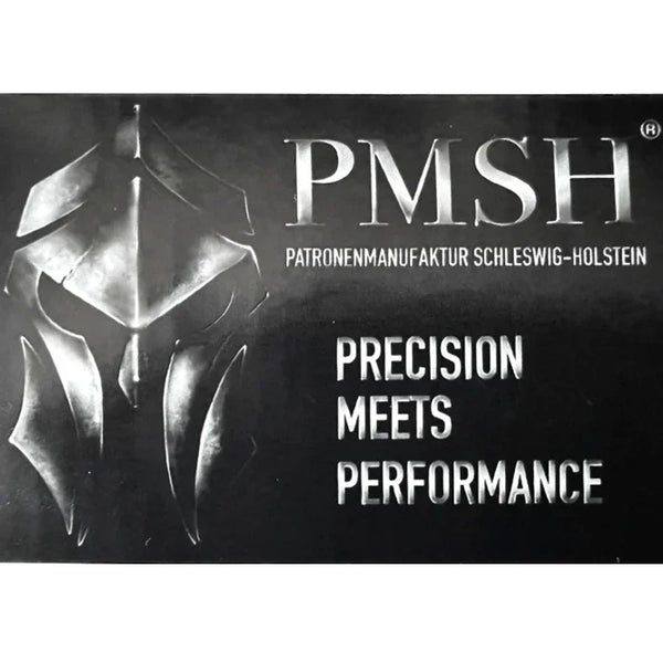 PMSH Logo mit Ritterhelm, Schriftzug 'Patronenmanufaktur Schleswig-Holstein' und Slogan 'Precision meets Performance' auf schwarzem Hintergrund.